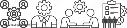 Business process management and workflow icons set featuring teamwork, strategy planning, leadership, project management and productivity concepts for corporate use.