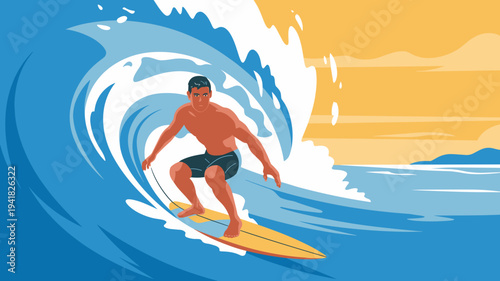 Surfer riding powerful ocean wave on surfboard during sunny beach day Vector illustration