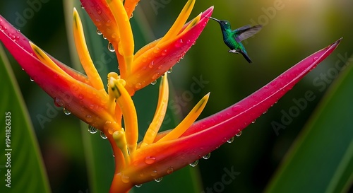 Vibrant hummingbird sips nectar from colorful bird of paradise flower