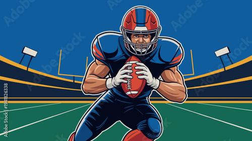 American football player holding ball and running on stadium field under bright lights