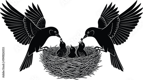 Black and white vector illustration of parent birds feeding chicks in nest, avian family care, wildlife nurturing behavior, detailed bird silhouette art
