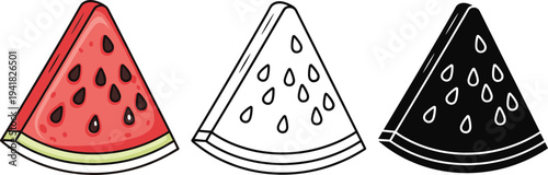 Watermelon slice icon collection, fresh summer fruit illustration, outline and solid style watermelon pieces, juicy tropical food vector isolated