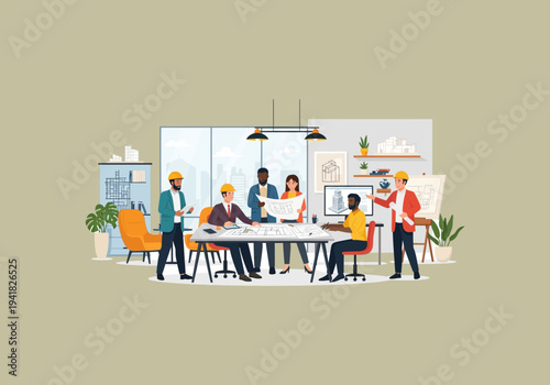 Vector Ilustration Flat Design Idea Diverse Team of Architects Collaborating on a Blueprint Project.
