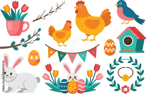 Colorful spring Easter vector collection featuring cute bunnies chickens eggs birdhouses flowers and festive holiday nature elements for designs.