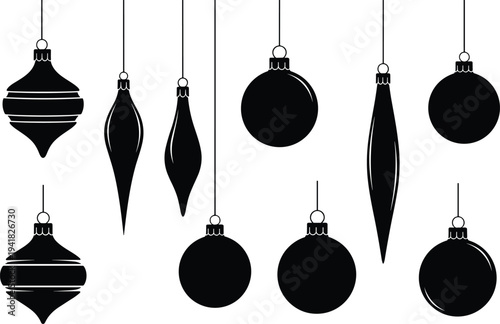 Black silhouette Christmas ornaments vector illustration, hanging baubles, teardrop shapes, decorative holiday design, festive artwork, seasonal decoration, creative graphic set for winter celebration