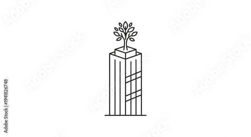 Urban ecology concept featuring a high-rise building combined with nature. Stylized logo for eco-friendly real estate, environmental city planning, and carbon-neutral construction.