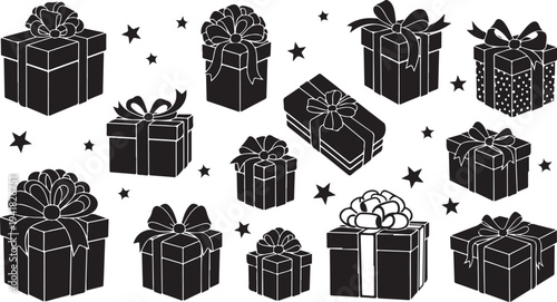 Black and white illustration of wrapped gift boxes collection