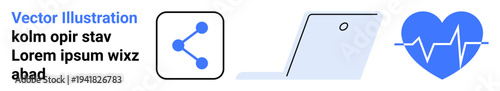 Digital communication, online healthcare, technology integration, remote services, medical innovation, network sharing. Icons of a share button, laptop and heartbeat symbol. Digital communication