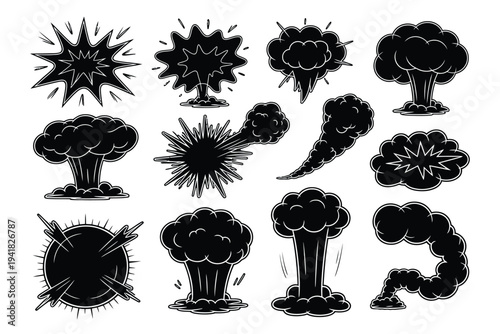 Smoke VFX illustration set, cartoon special effects elements including explosion smoke steam fog mist and dust clouds for animation and motion graphics.