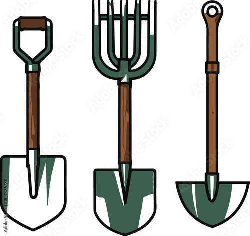 Farming tools icon set, shovel rake hoe agriculture equipment icons, minimal flat vector style 1