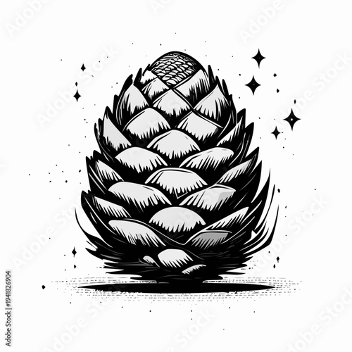 Black and White Hop Cone Illustration.
