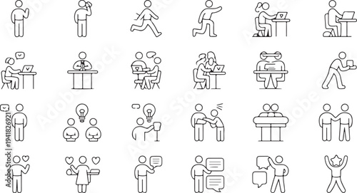 Line of people working, exercising, and interacting in various settings line people