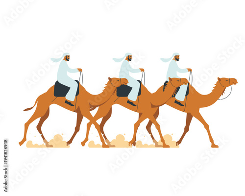 Camel desert travel illustration, stylized artwork of camels with riders crossing a sandy desert landscape, representing a nomadic journey adventure and traditional caravan culture.