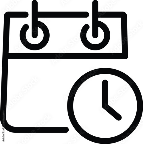 Black outline calendar with clock symbol on white background time schedule date