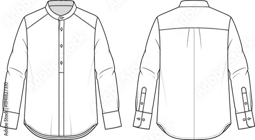 Cad drawing flat vector illustration of men's long sleeve mandarin collar shirt technical sketch with button placket front back view