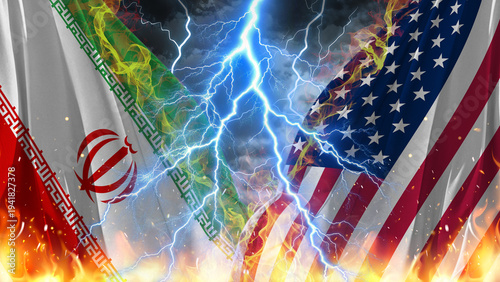 Фотография Iran USA Conflict - Iranian and American Flags with Lightning and Fire - Middle