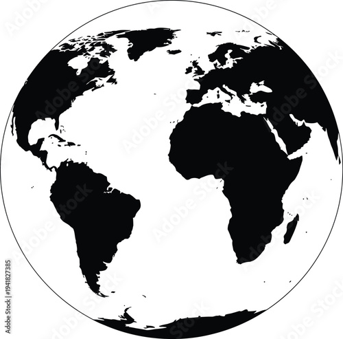 Planet Earth Silhouette with Continents Outlined in Black and White