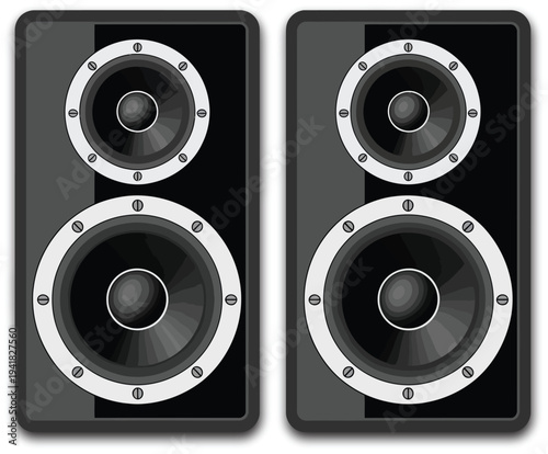 Audio speakers illustration, modern black sound speakers with white accents isolated on white background symbolizing audio technology and music playback equipment.