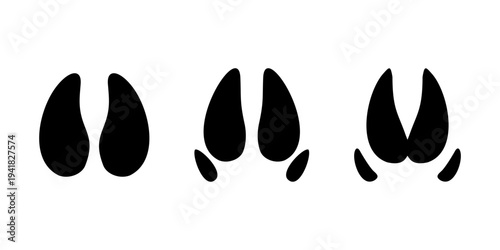 Simple graphic of a cloven hoof print in a solid black silhouette. Great for farm animal identification, hunting trails, and nature-themed designs