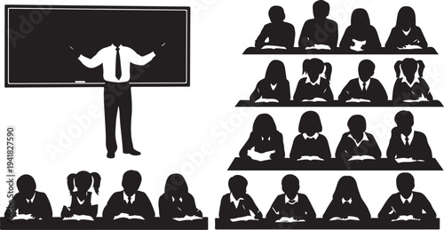 Businessman teaching students in classroom setting with black silhouettes