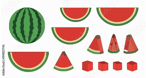 Watermelon fruit vector set with wedges cubes and seeds summer food illustration