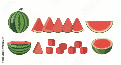 Fresh watermelon vector set with slices cubes seeds and whole fruit isolated on white