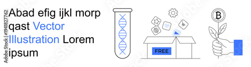 Science innovation, digital technology, eco investment, blockchain economy, free resources, research. DNA strand in a test tube, open box with icons hand holding Bitcoin sprout. Science innovation
