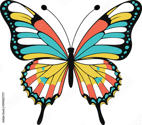 Butterfly sticker design, bright colorful wings, simple flat cartoon insect, bold outline, clean vector illustration isolated on white 2