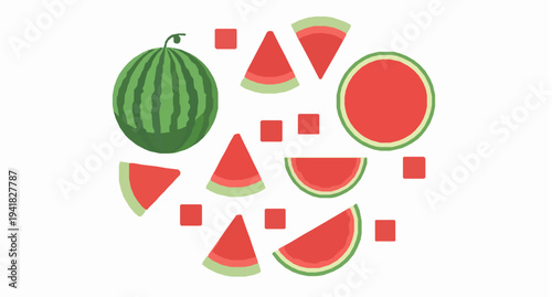 Watermelon slices and cubes vector collection with fresh summer fruit illustration