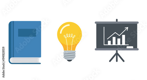 A set of flat vector icons representing knowledge ideas and growth with a book light bulb and chart.