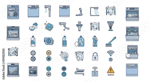 Collection of Dishwasher and Cleaning Icons.