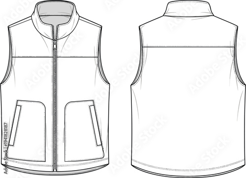 Cad drawing flat vector illustration of men's outdoor puffer vest technical sketch with zipper front stand collar and front back view