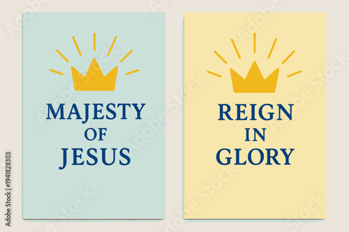 Majestic Jesus Banners. King of Kings. Two vertical A6 banners with safe margins, centered composition, no elements touching edges, pastel, cobalt and lemon,