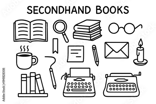 Secondhand Book Doodles. Secondhand books. Hand-drawn doodle illustration secondhand books open book, stack of novels, magnifying glass, glasses, bookmark,