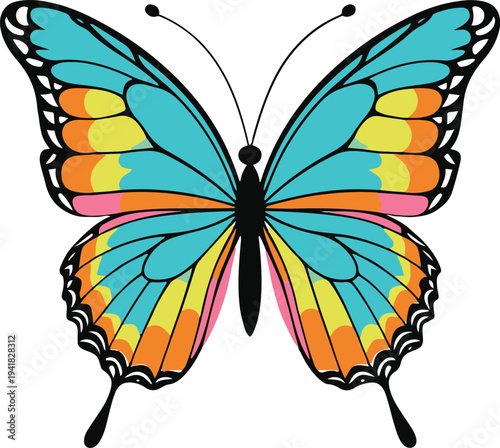 Butterfly sticker design, bright colorful wings, simple flat cartoon insect, bold outline, clean vector illustration isolated on white 3