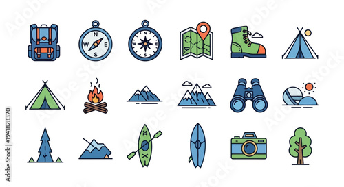 Collection of Outdoor Adventure and Camping Icons.