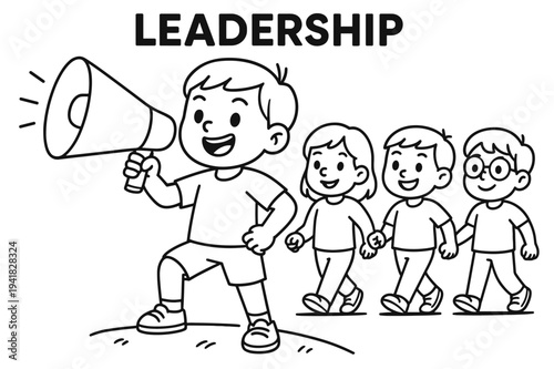 Kid Leader Illustration. leadership children?s coloring book illustration, outlined drawing, a confident child leading a team with a megaphone, educational