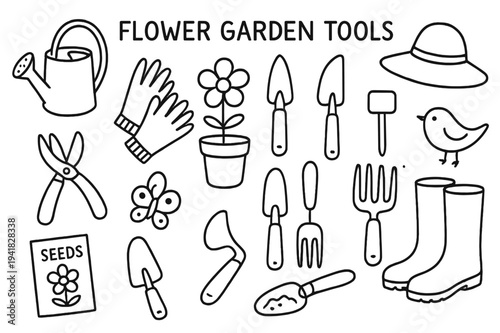 Garden Tools Doodle. Flower garden tools. Hand-drawn doodle illustration flower garden tools watering can, pruner, gloves, spade, trowel, flower pot, seed