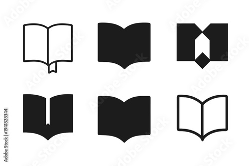 Librarian Logo Variations. Librarians organizing books and resources. Icon set. Set Logo of Librarians organizing books and resources: open book with bookmark.