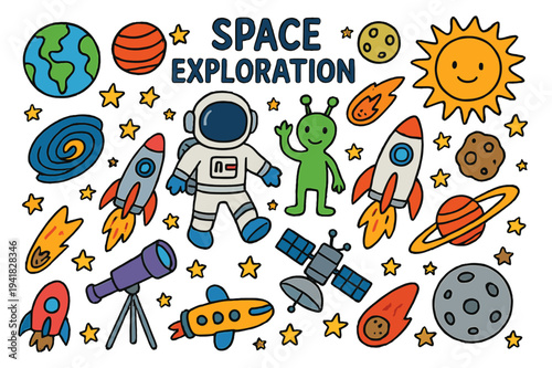 Colorful Space Adventure. Space Exploration. Colorful Hand-drawn doodle Children illustration Space Exploration, planets, stars, rockets, astronauts, aliens,