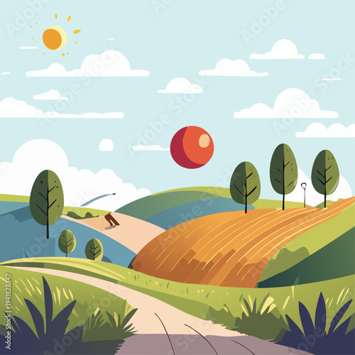 Photography Red Balloon Soaring Above Rolling Hills and Fields.