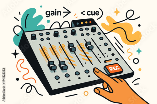 Vibrant Radio Studio. Radio Studio Desk ? Mixing Console. Faders glide with ghosted motion trails; a hand taps ?REC? while LEDs sparkle. Arrows label ?gain >?