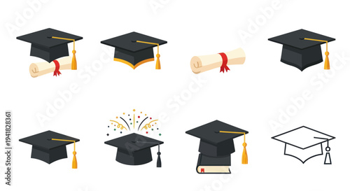 Collection of Graduation Mortarboards and Diploma Scrolls.