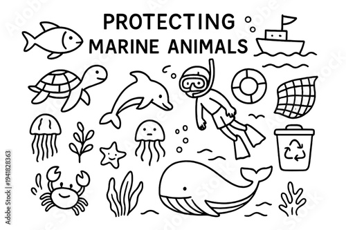 Marine Conservation Doodle. Protecting Marine Animals. Hand-drawn doodle illustration Protecting Marine Animals fish, dolphin, turtle, whale, crab, jellyfish,