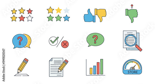 Collection of colorful icons representing feedback ratings and analysis.