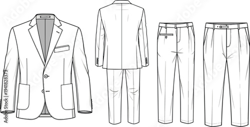 Cad drawing flat vector illustration of men's formal tailored suit jacket blazer with matching dress trousers technical sketch and front back view