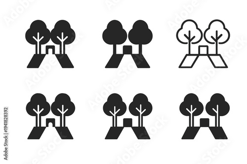 Park Architecture Icons. Architecture of public parks and green spaces. Icon set. Set Logo of architecture of public parks and green spaces: tree-lined pathway