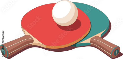 Table tennis rackets illustration, two ping pong paddles holding a ball isolated on white background representing sport equipment and indoor game activity.