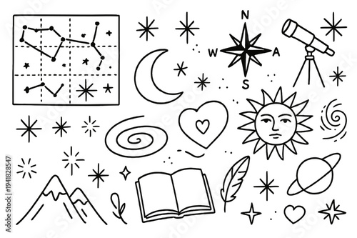 Cosmic Doodle Adventure. Star maps and cosmic art. Hand-drawn doodle illustration Star maps and cosmic art constellation grid, compass rose, telescope,