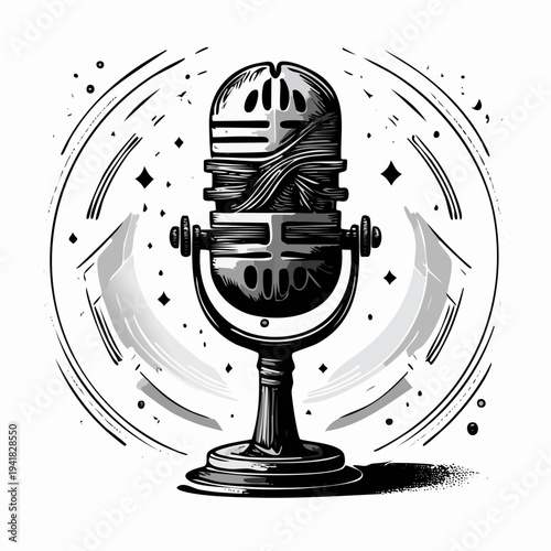 Vintage Microphone on Stand Illustration.